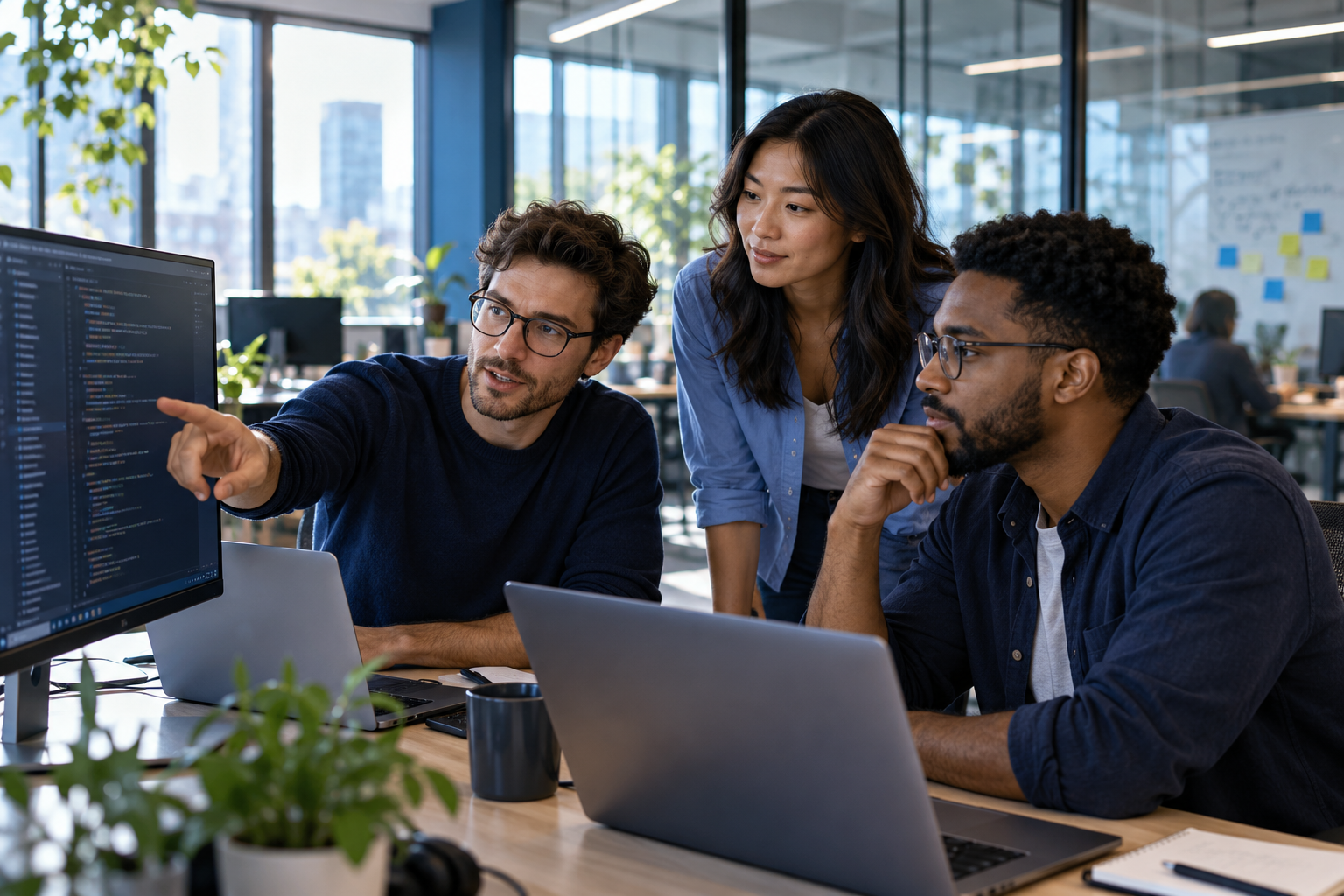 Illustrative technology professionals collaborating around a screen of code